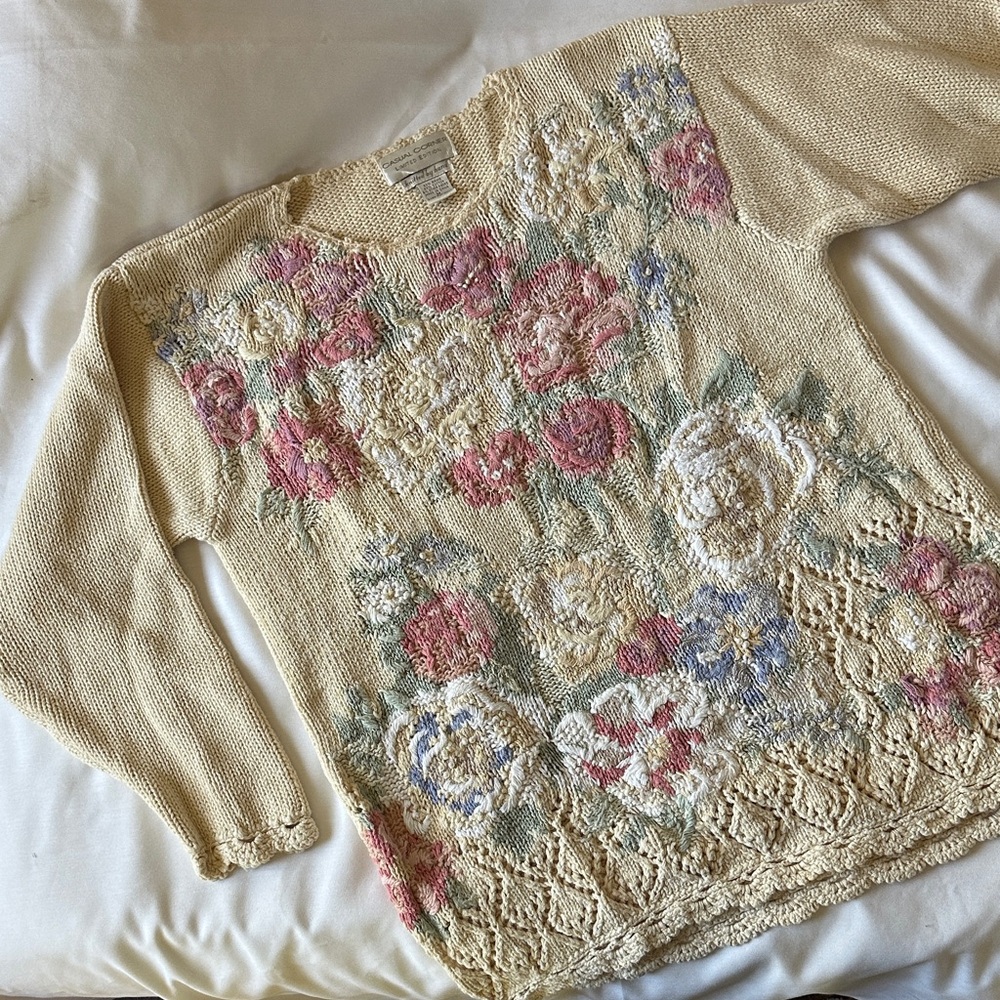 Casual Corner Limited Edition Floral Knit Sweater in Cream and Pink